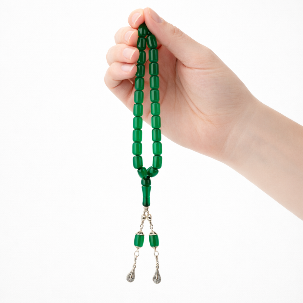 YEŞİL KAPSÜL KESİM GOLD DETAYLI ÖZEL TESBİH