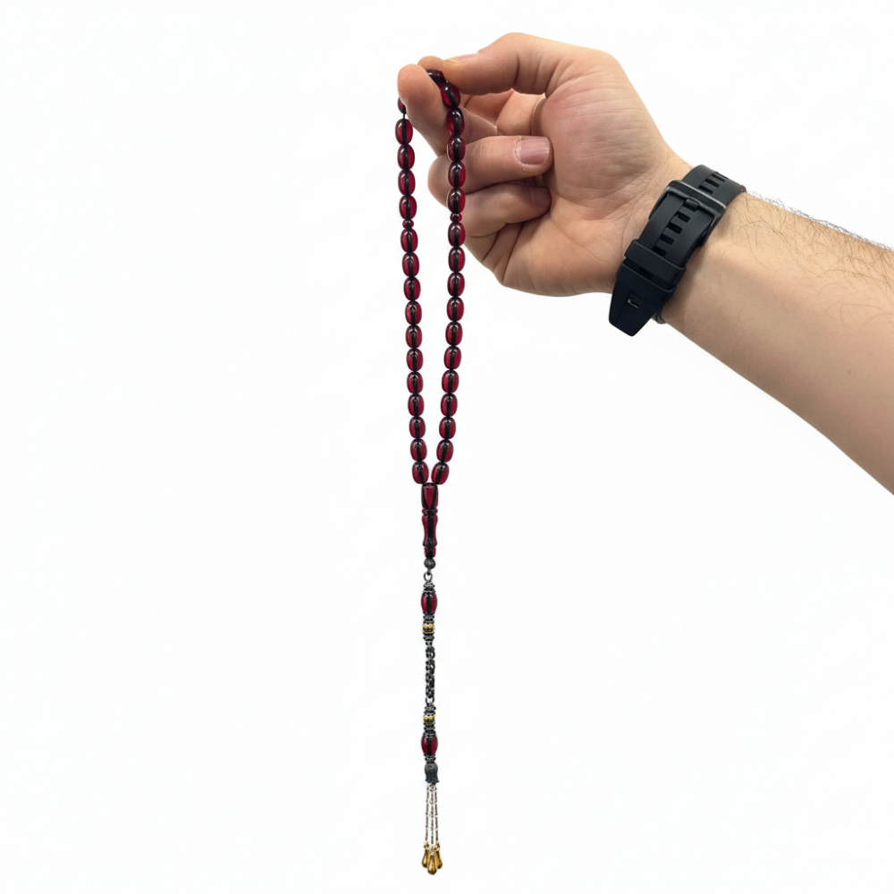 Koyu Kızıl Ateş Gold Uçlu Kehribar Tesbih