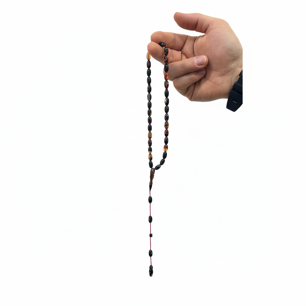Kırmızı İp Kombinli Siyah Ateş Kehribar Tesbih