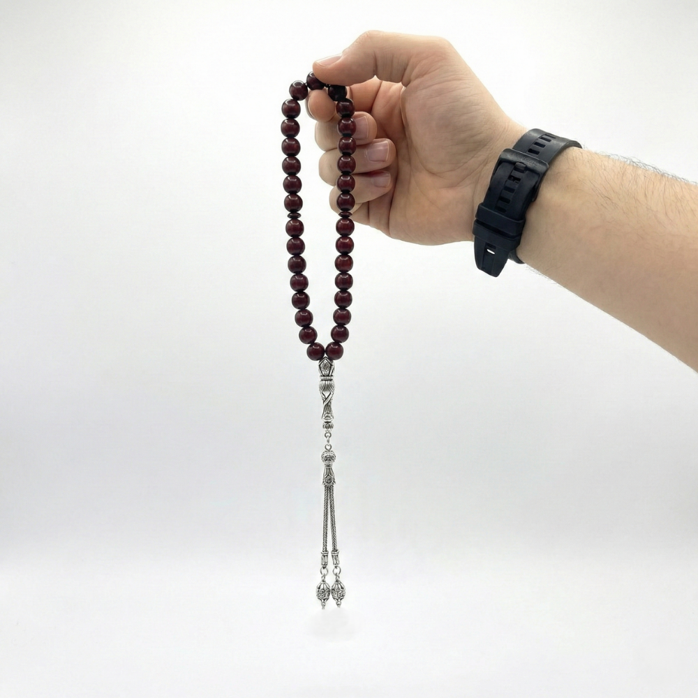 Doğal Gül Ağacı Gümüş Püsküllü Tesbih