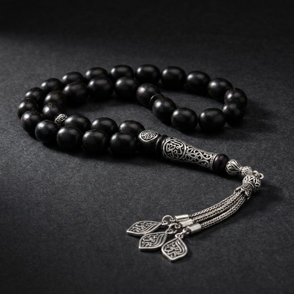 Abanoz Ağacı Gümüş Kakma Tesbih